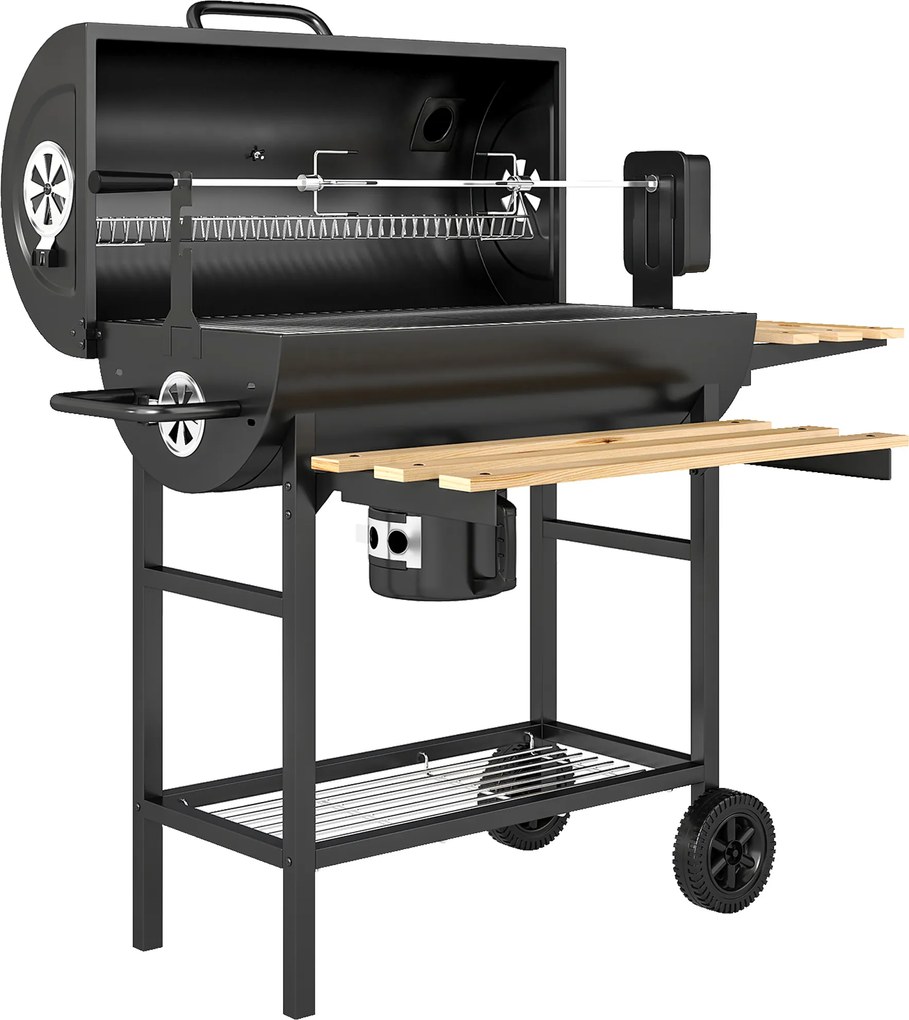 Outsunny Grătar pe Cărbuni Portabil Grătar pe Cărbuni Tip Butoi cu Rotisor Electric Rafturi Pliabile Roți Termometru | Aosom Romania