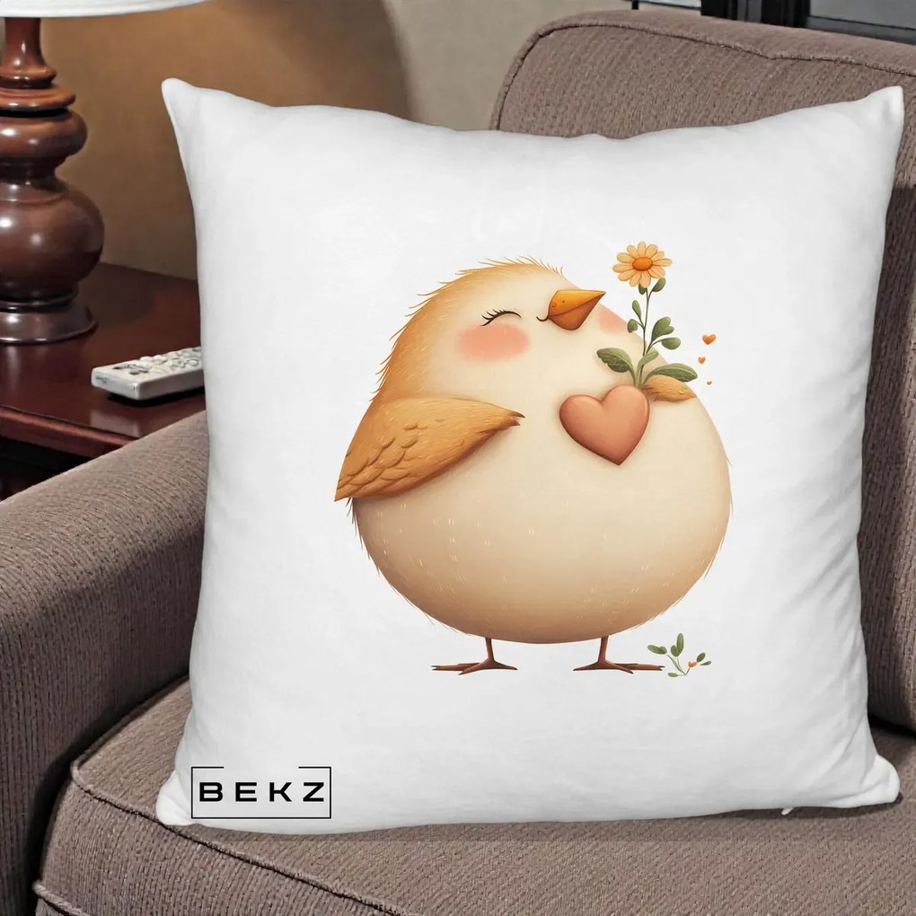 Perna Decorativa Pui cu Inima si Floarea-Soarelui, 40x40 cm, Alb Pufos, Husa Detasabila, Perna Inclusa, BEKZ®
