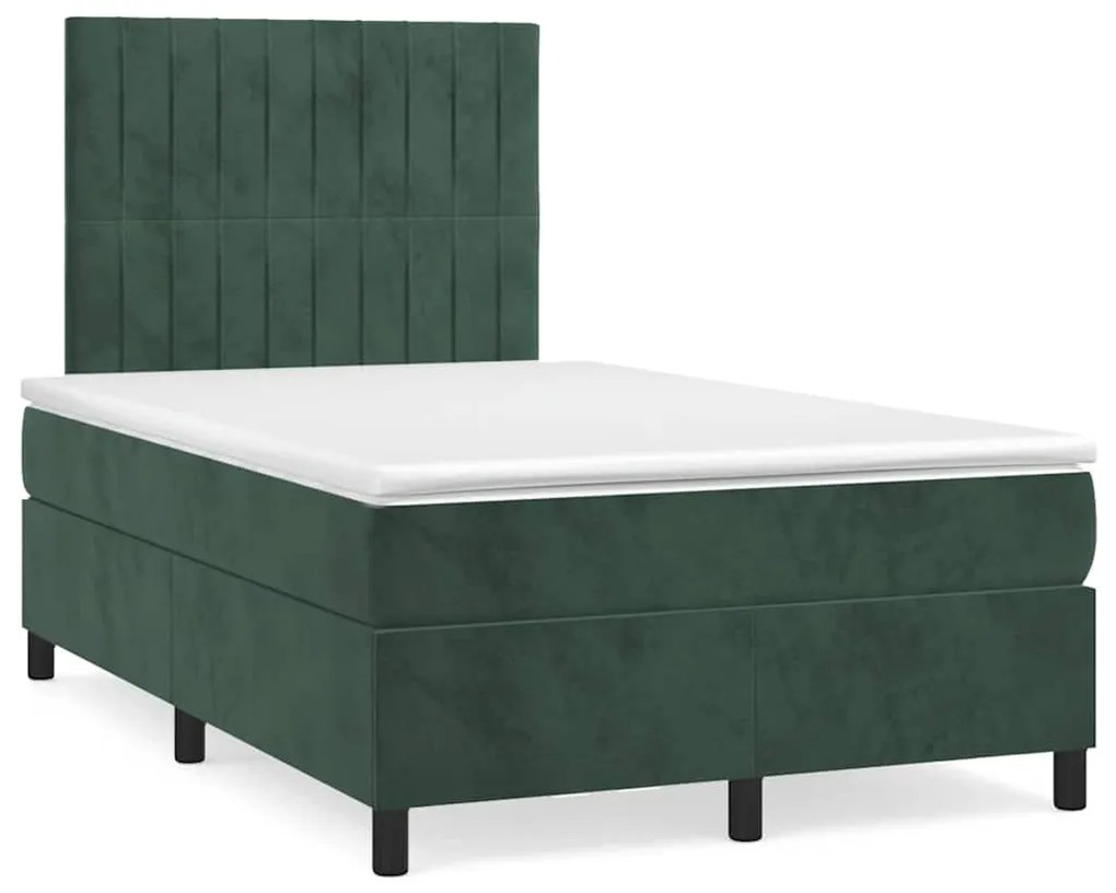 vidaXL Pat cu arcuri, saltea și LED, verde închis, 120x190 cm, catifea