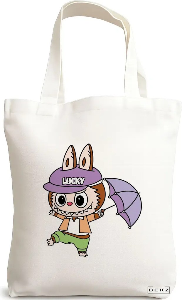 Sacosa de Panza pentru Cumparaturi, Geanta Tote, model Labubu 22 38 x 34.5 cm, Alba, BEKZ®