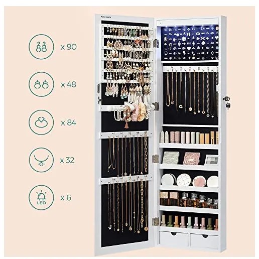 Dulap de perete pentru bijuterii, Songmics, cu inchidere, B01EKVL2XS, Alb