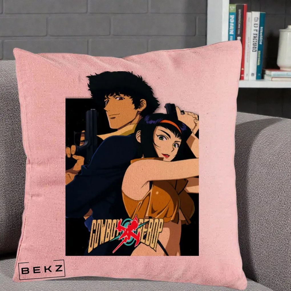Perna Personalizata Cowboy Bebop Spike si Faye Poster, 40x40 cm, Roz, Husa Detasabila, Perna Inclusa, BEKZ®