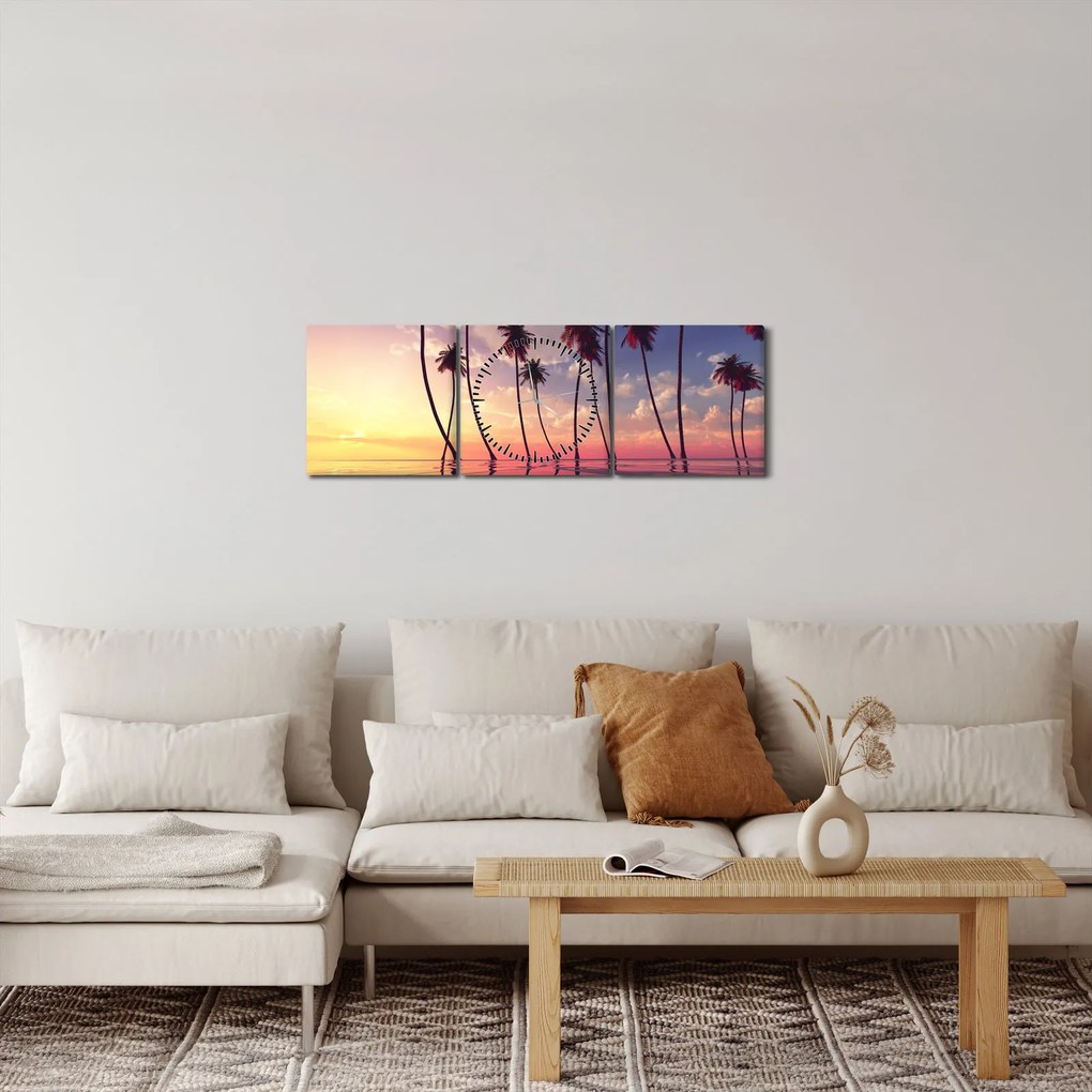 Tablou cu palmieri deasupra mării (cu ceas) (90x30 cm)