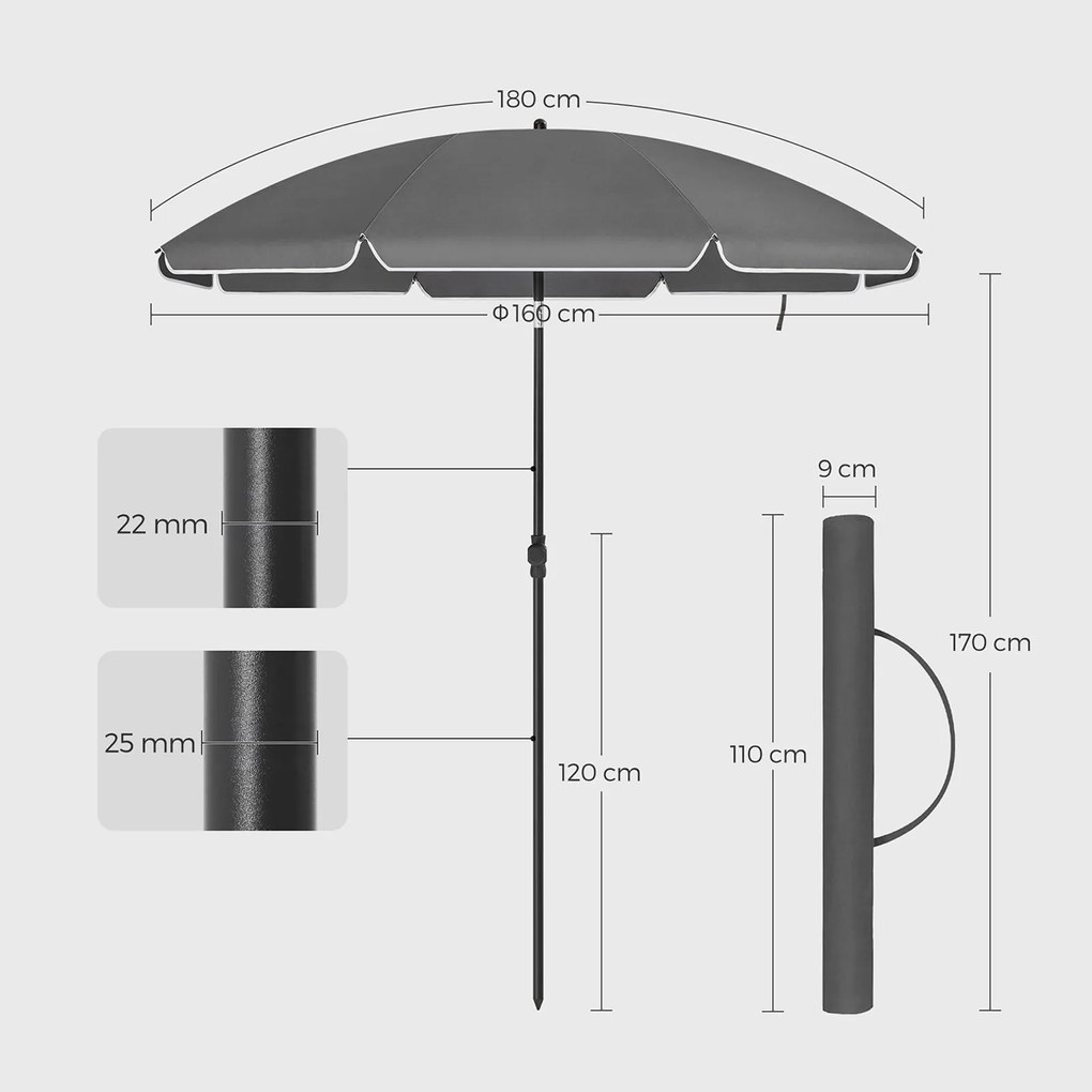 Umbrelă SOLARA, Ø160 cm, gri SongmicsHome