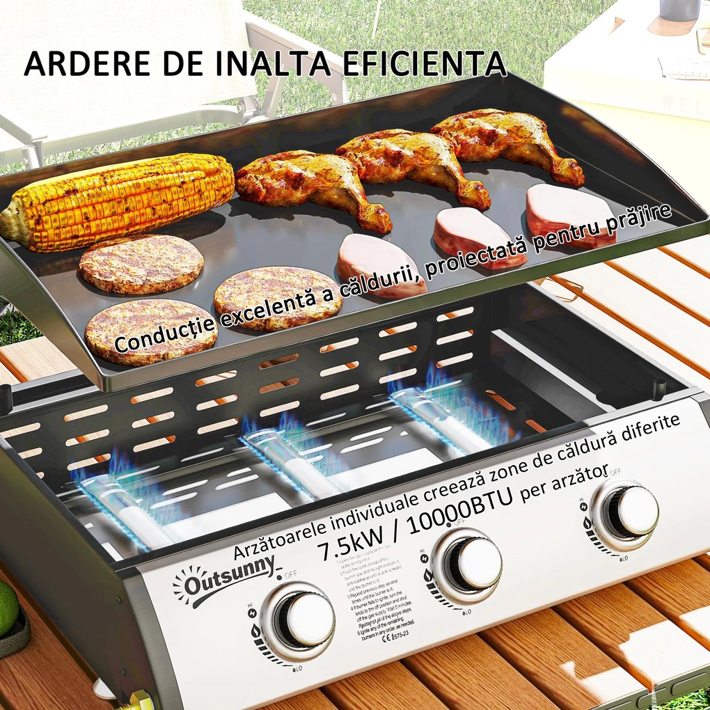 Outsunny Grătar pe Gaz din Oțel cu 3 Arzătoare, Regulator, Furtun și Capac, 63x47x25 cm, Negru | Aosom Romania
