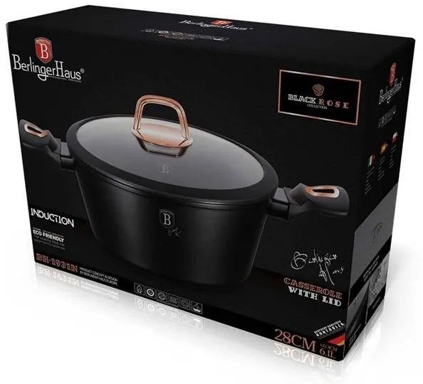 Oală marmorată cu capac 6.1L, 28 cm – Berlinger Haus BH1931N, Black Rose Edition