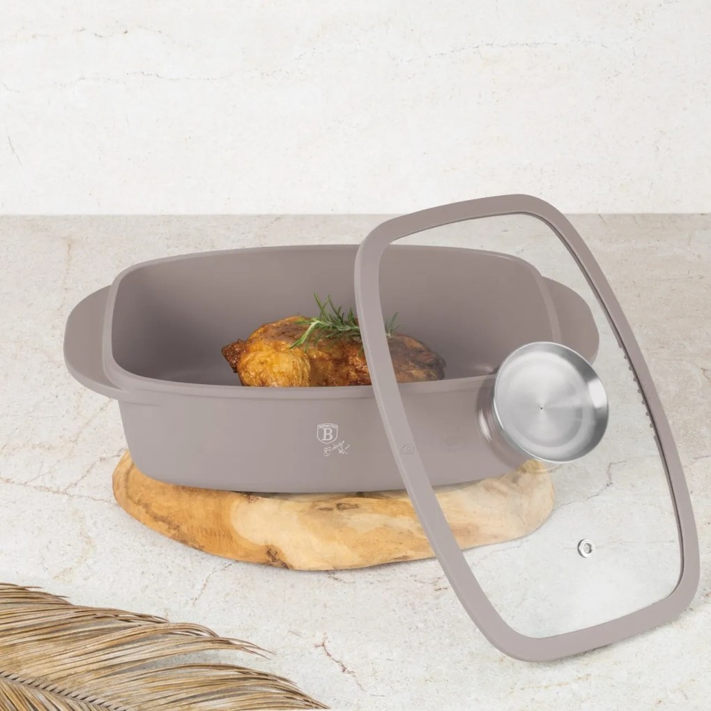 RESIGILAT - Tavă roaster cu capac 32x21 cm, 6L – Berlinger Haus Taupe Collection BH 8778, gri, antiaderentă, ideală pentru friptură la cuptor, cu