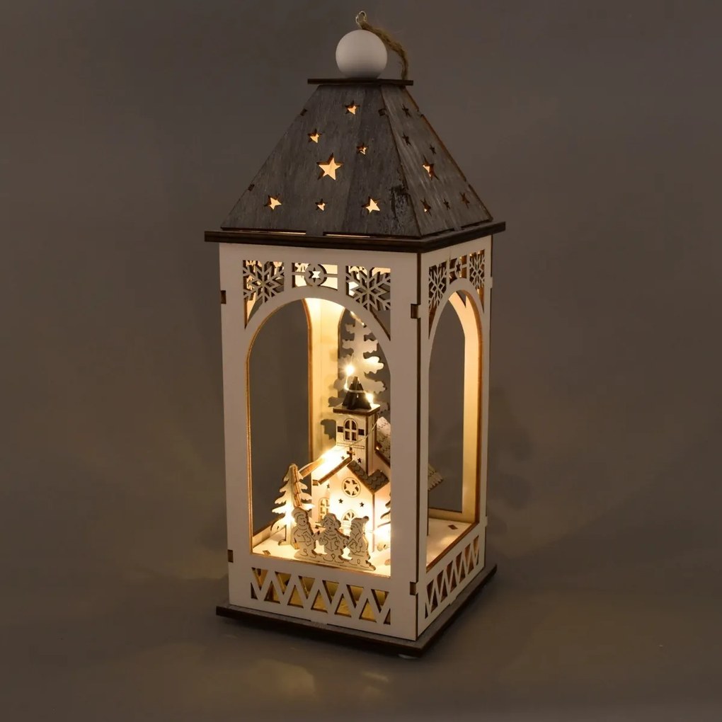 Lanterna din lemn cu motiv de Crăciun și iluminare LED, 11 x 29 cm, alb cald
