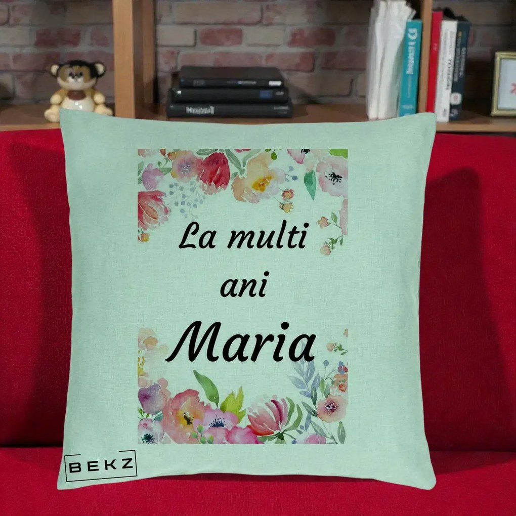 Cadou de Onomastica - Perna Personalizata La Multi Ani Maria Flori Acuarela, 40x40 cm, Verde Menta, Husa Detasabila, Perna Inclusa, BEKZ®