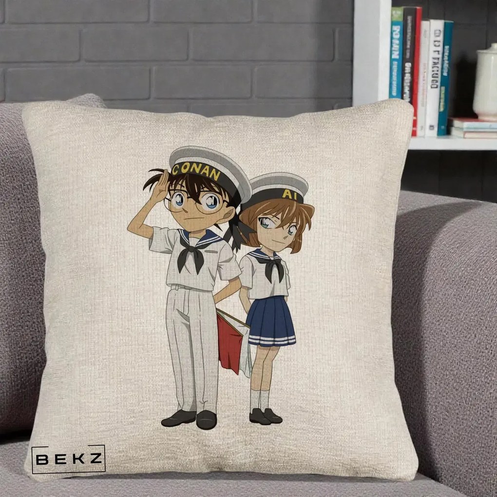Perna Personalizata Detective Conan Conan si Ai Sailor, 40x40 cm, Bej Canapea, Husa Detasabila, Perna Inclusa, BEKZ®