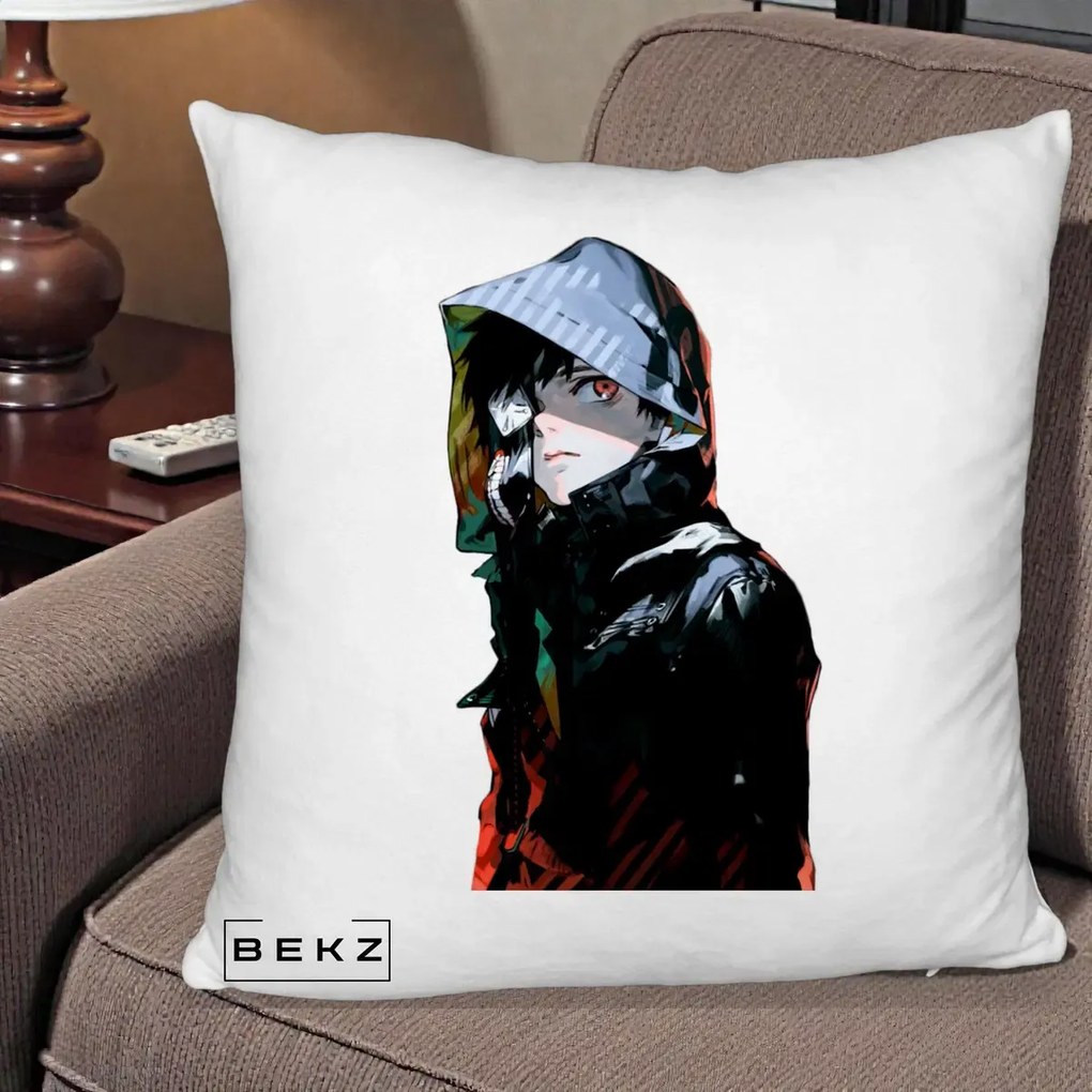 Perna Personalizata Tokyo Ghoul Ken Kaneki cu Masca si Gluga, 40x40 cm, Alb Pufos, Husa Detasabila, Perna Inclusa, BEKZ®
