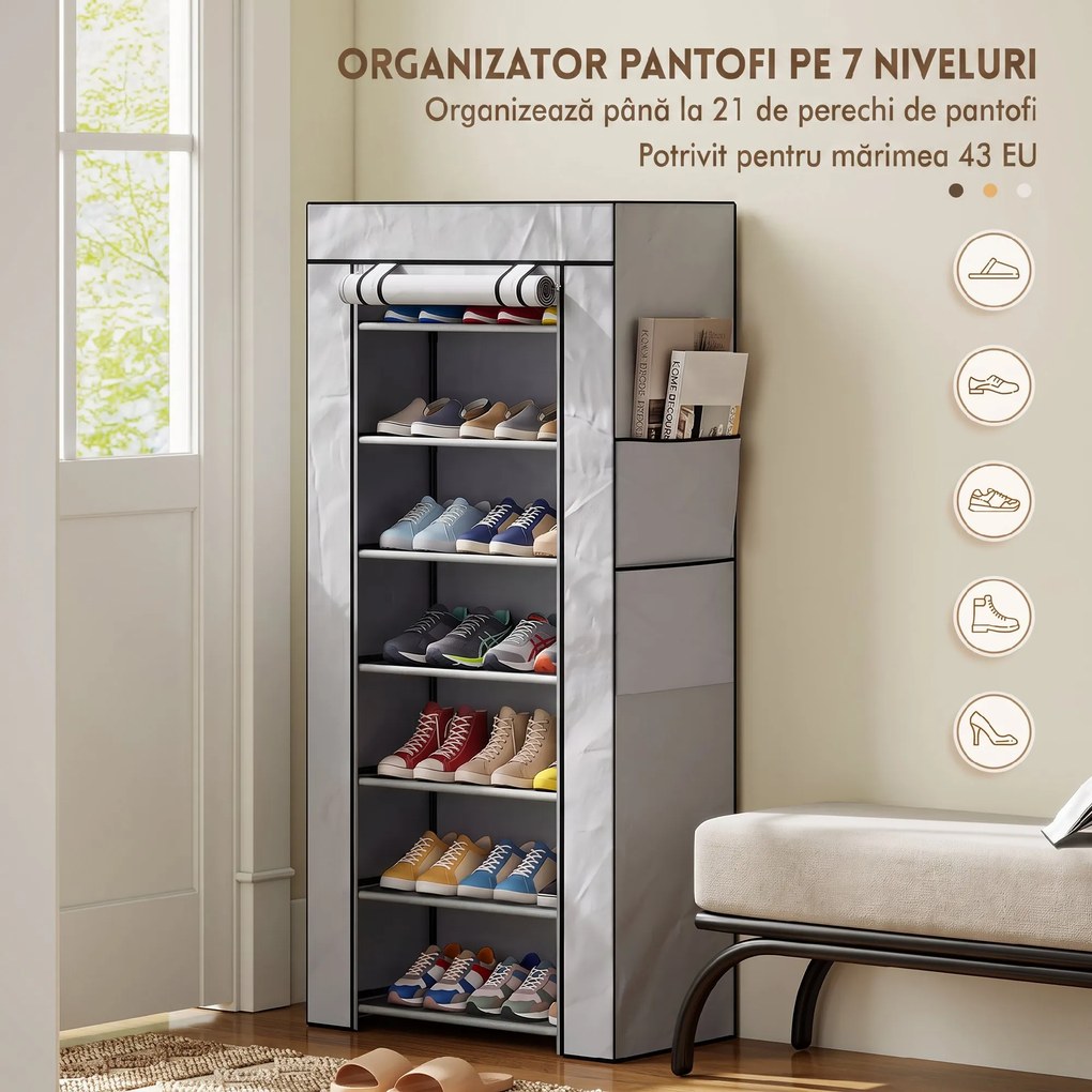 HOMCOM Pantofar cu 7 rafturi din oțel, cu husă din material nețesut, 60 x 30 x 126 cm, gri | Aosom Romania