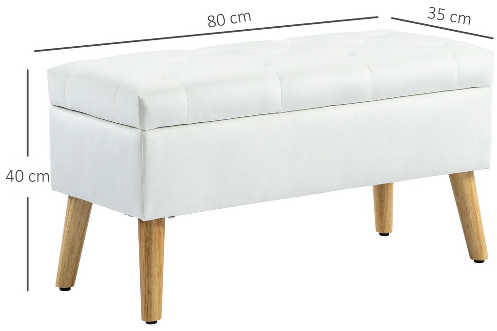 HOMCOM Bancă Tapizată cu Spațiu de Depozitare, Înveliș din Catifea, Picioare din Lemn, pentru Living, Dormitor, Hol, 80 x 35 x 40 cm, Alb | Aosom Romania
