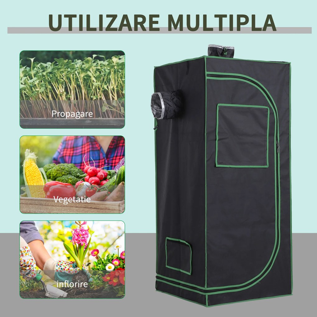 Outsunny Cort pentru Cultura Hidroponică, Spațiu de Creștere Plante, 60x60x140 cm, Rezistent la Lumină, Negru | Aosom Romania