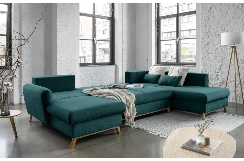 Canapea extensibilă în formă de "U" cu șezlong pe partea dreaptă Miuform Scandic Lagom, turcoaz