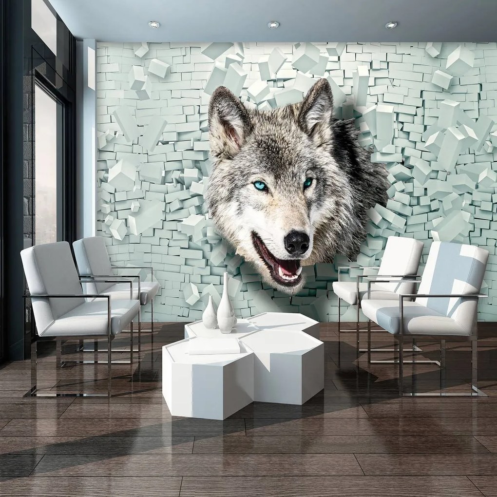Fototapet - Lup iese din 3D perete (152,5x104 cm)