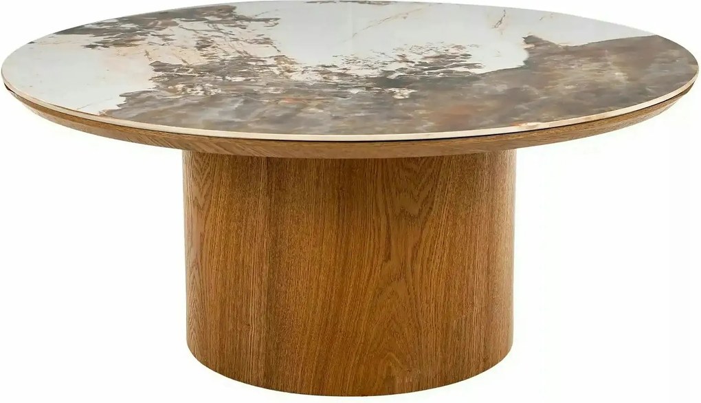 Măsuță cafea RONDO, alb lucios/stejar, ceramică/furnir/MDF, 80x80x35 c