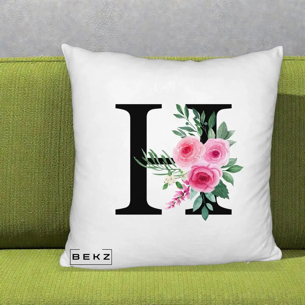 Cadou Personalizat - Perna Personalizata Monograma Florala Litera H cu Trandafiri Roz, 40x40 cm, Alb Pufos, Husa Detasabila, Perna Inclusa, BEKZ®