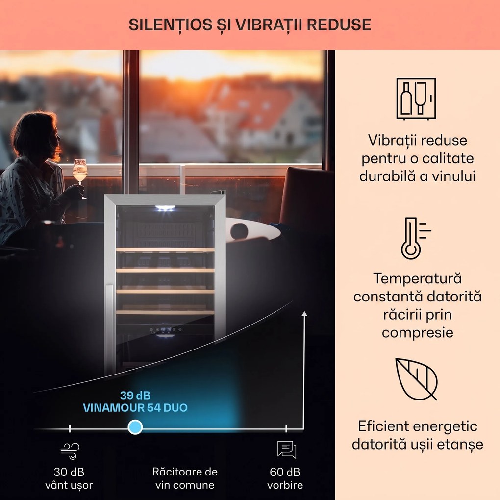 Klarstein Vinamour 54D, răcitor de vinuri, 2 zone, 148 l, 54 sticle, față din oțel inoxidabil