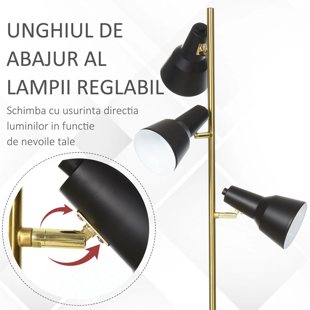 Lampa de podea de 150 cm cu 3 abajururi reglabile, baza rotunda, metal, bronz, 32x32x150 cm HOMCOM | Aosom RO