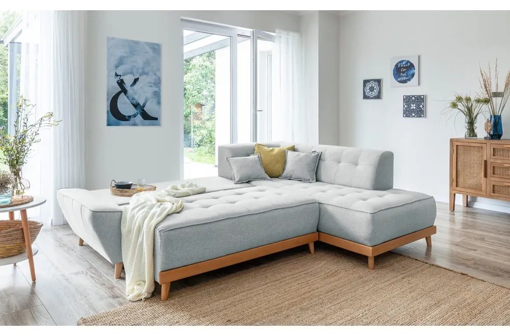 Colțar extensibil cu șezlong pe partea dreaptă Miuform Dazzling Daisy L, gri deschis