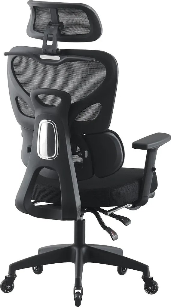 Scaun ergonomic, Suport Lombar 3 Zone Dinamice, Spătar ajustabil pe inaltime, cotiere 3D, tetiera 3D, suport pentru picioare, umeras, pivotant, Mesh, Negru