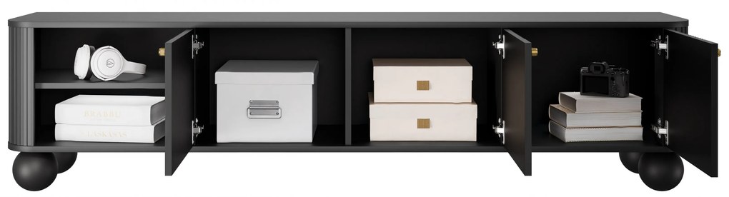 Comodă TV Vesper 187 cm cu 3 uși - negru / mânere aurii / picioare sferice