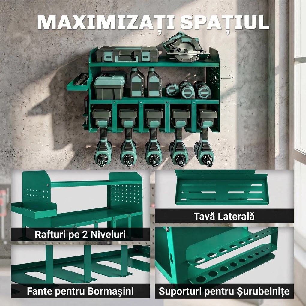 Outsunny Suport pentru Unelte, Suport pentru 5 Burghie Electrice cu Tavă Laterală | Aosom Romania