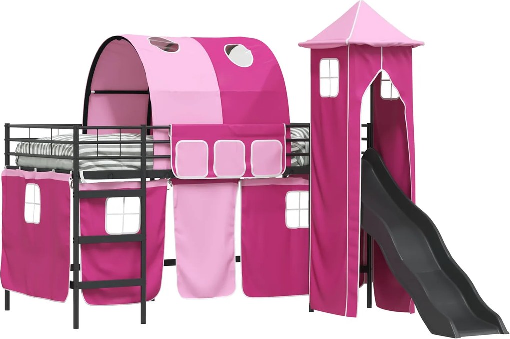 vidaXL Cadru de pat supraetajat pentru copii Negru și roz 90 x 200 cm