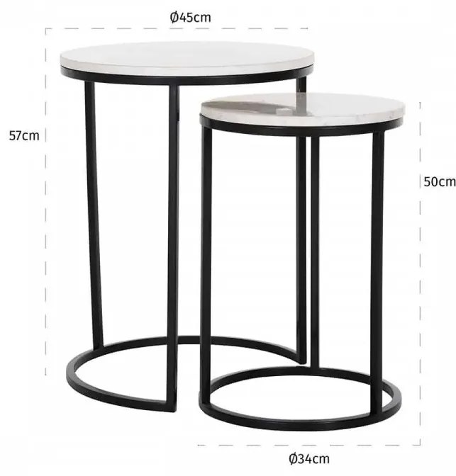 Set 2 masute de cafea rotunde din marmura si metal Lexington 57x45x45 cm albe