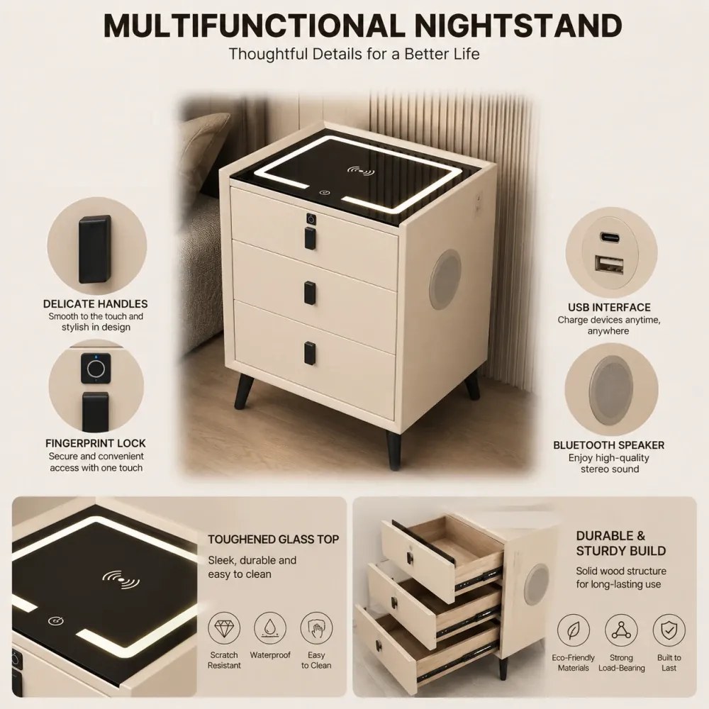 Noptieră inteligentă multifuncțională, 3 sertare, blocare cu amprentă, LED-uri tactile, 3 tipuri de culoare, încărcare fără fir, Difuzor Bluetooth, incarcare USB, sticla securizata, Ivory