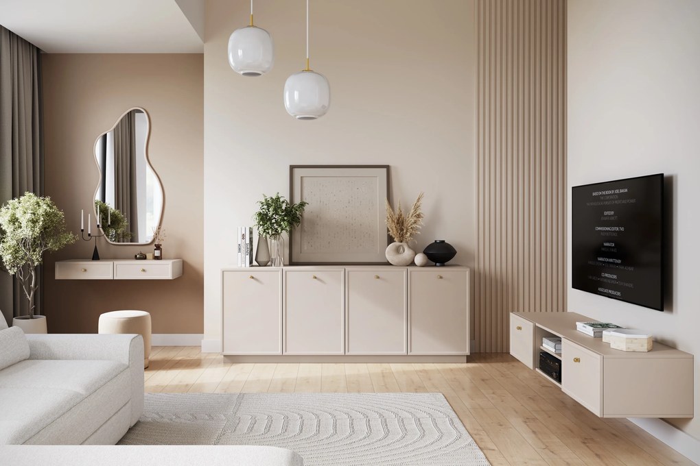 Comodă cu patru uși Lorini 200 cm - cașmir / mânere aurii