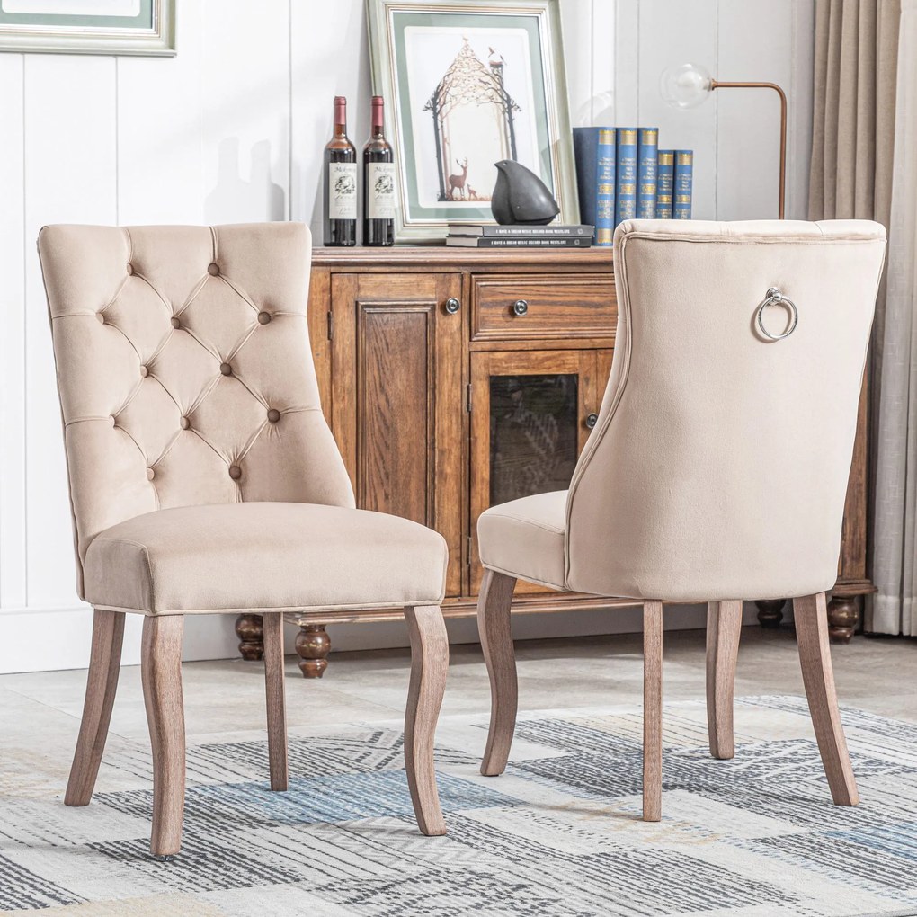 Set de 2 scaune tapițate pentru sufragerie din catifea cu spătar înalt matlasat cu nasturi, 51x47x97 cm, Bej