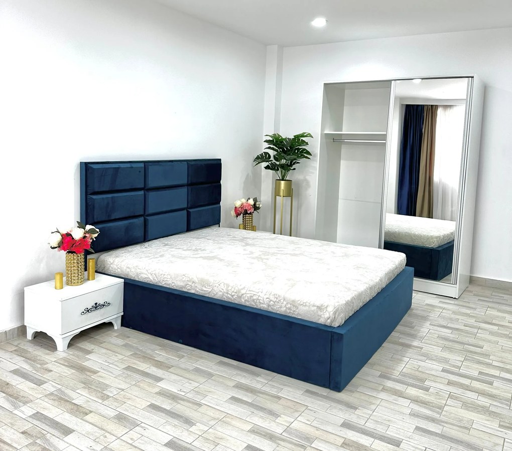 Dormitor Roma, culoare albastru / alb, cu pat Roma 160 x 200 cm, dressing Erika si 2 noptiere Viena