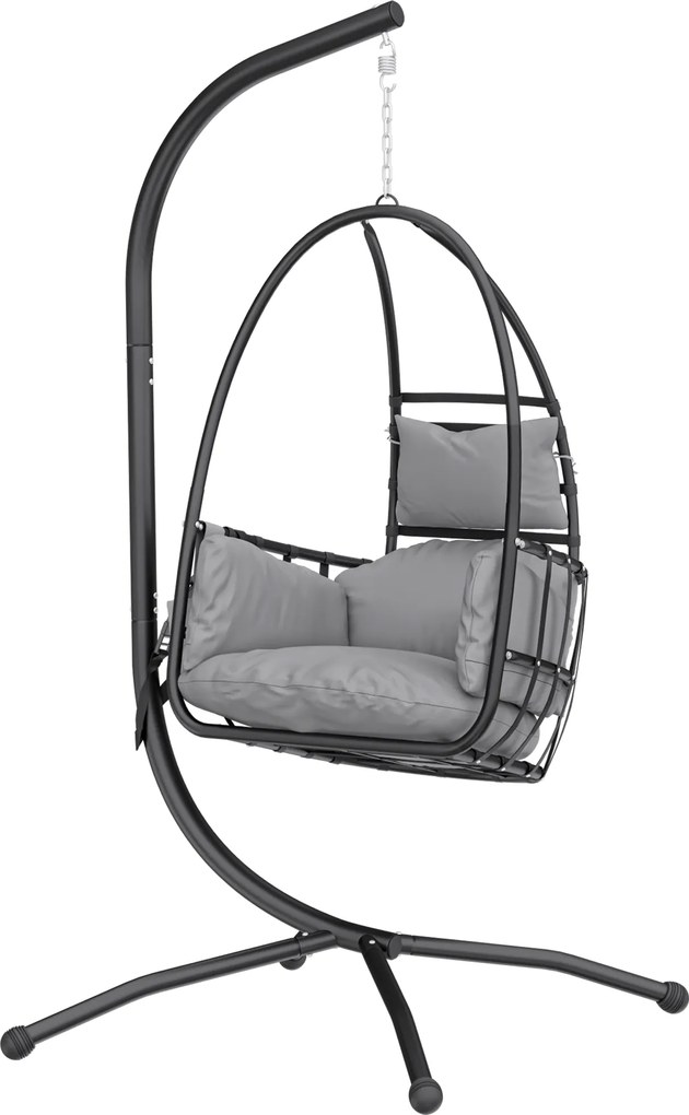 Outsunny Fotoliu Suspendat Tip Ou cu Suport Coș Pliabil Tetieră Pernă Buzunar Lateral Sarcină 120 kg Gri Închis | Aosom Romania