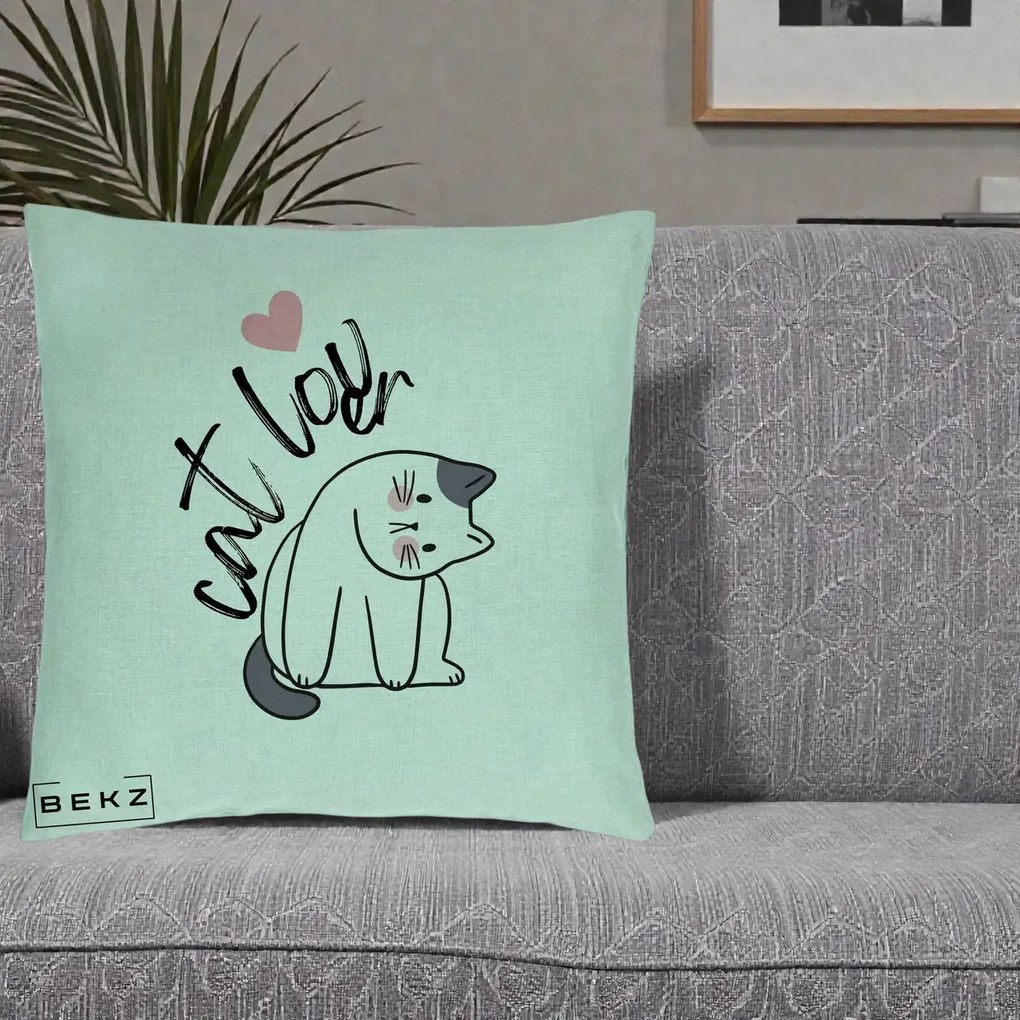 Perna Personalizata Cat Lover Pisica Ilustratie Linie, 40x40 cm, Verde Menta, Husa Detasabila, Perna Inclusa, BEKZ®