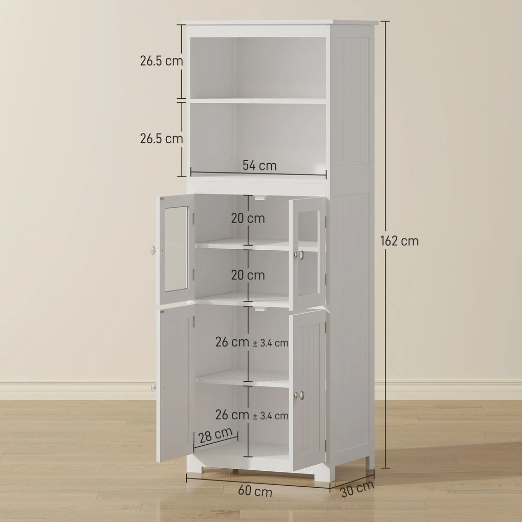 HOMCOM Dulap Camara Bucătărie, 2 Rafturi Deschise, 2 Dulapuri cu Uși, MDF și Sticlă Securizată, 60x30x162 cm, Alb | Aosom Romania