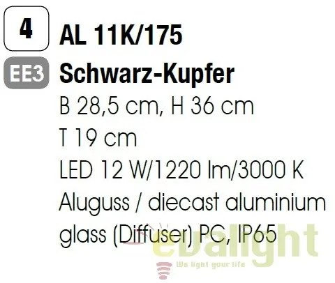 Aplica perete LED iluminat exterior IP65 DAIKO AL 11K/175 schwarz-kupfer OR