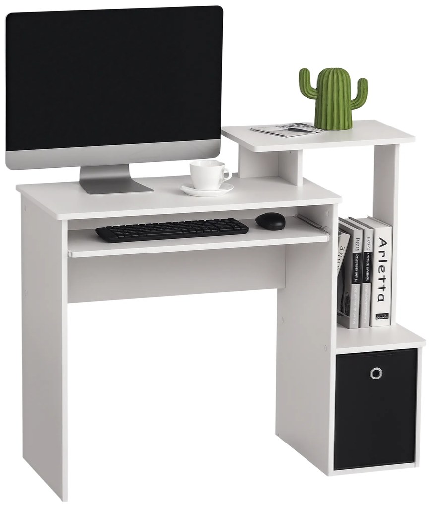 HOMCOM Birou modern pentru PC, birou pentru computer cu raft pentru tastatura, raft si spatiu de depozitare din material, 100x40x86.6cm, alb si negru