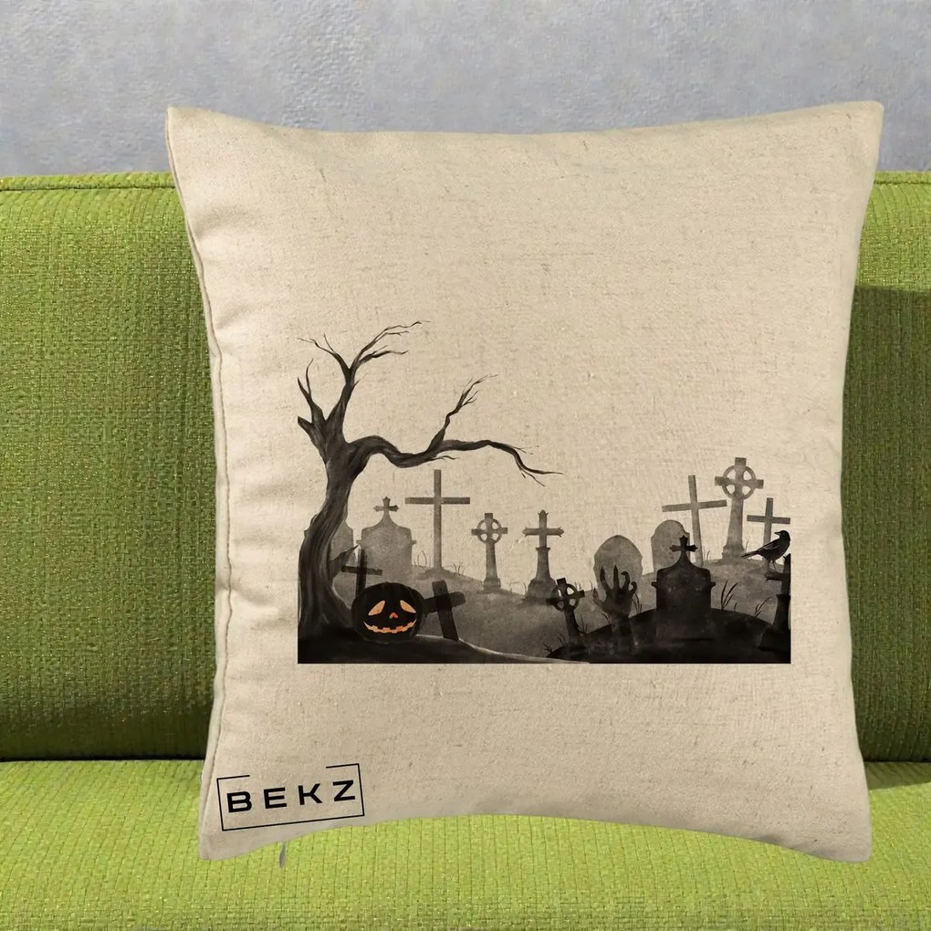 Perna Decorativa Halloween Cimitir Acuarela cu Dovleac, 40x40 cm, Bej, Husa Detasabila, Perna Inclusa, BEKZ®