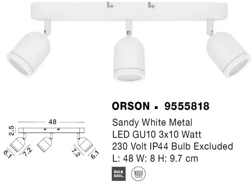 Plafoniera cu 3 Spoturi pentru baie cu protectie IP44 ORSON alba