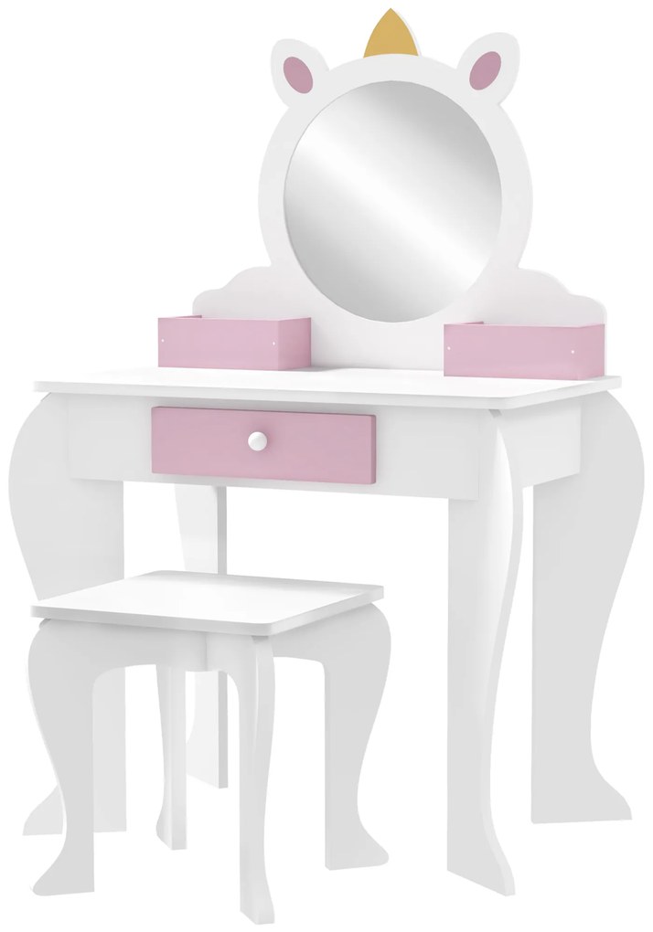 ZONEKIZ Masă de toaletă pentru copii cu taburet și oglindă Masă de toaletă pentru fete cu sertar compartimente design unicorn alb | Aosom Romania