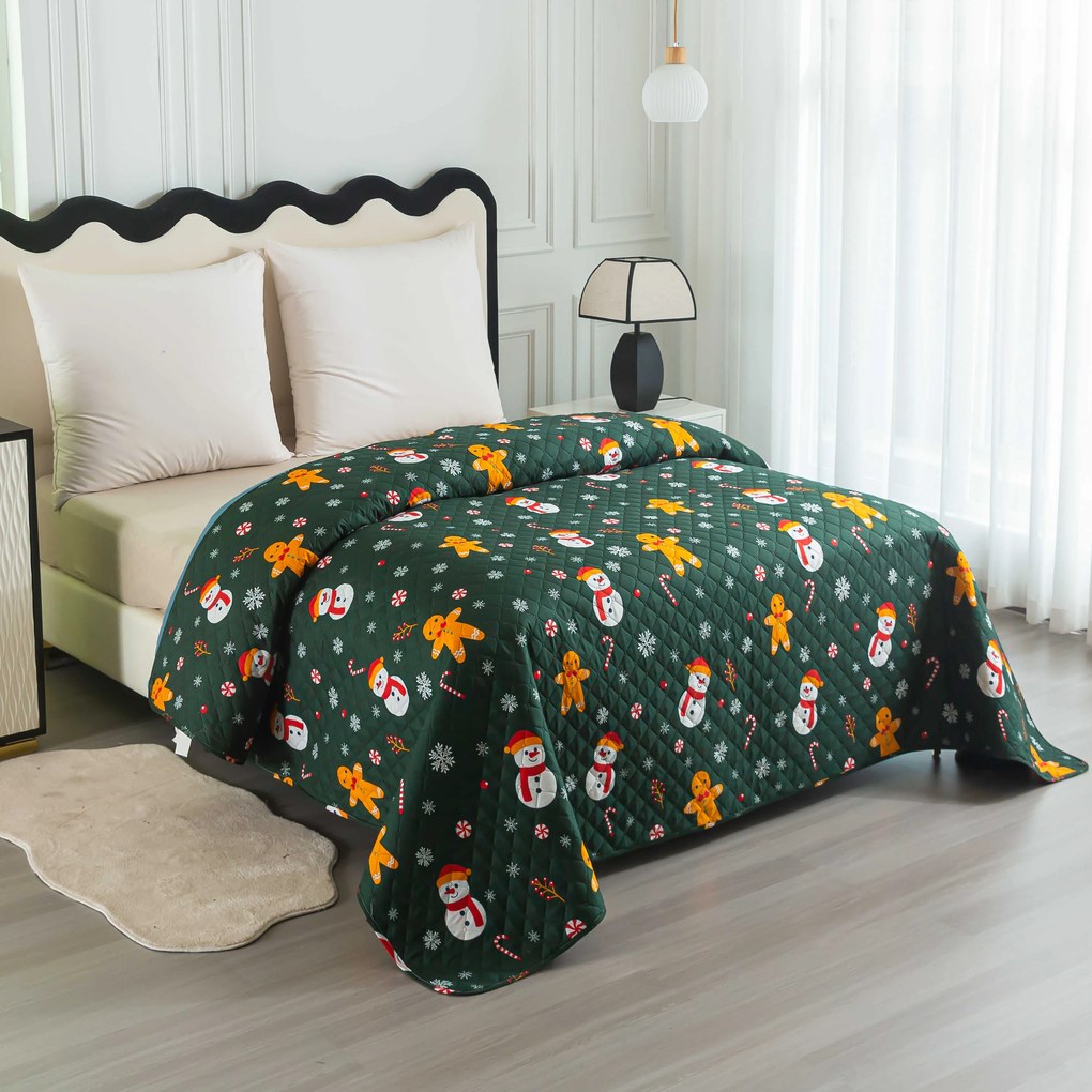 Cuvertura de pat SNOWMAN AND GINGERBREAD, verde Dimensiune: 170 x 210 cm