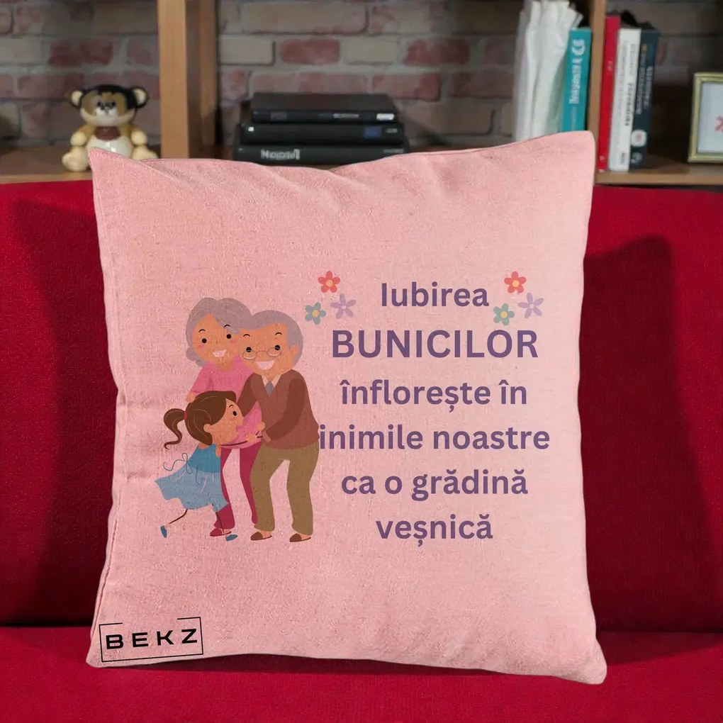 Perna personalizata bunici: Iubirea bunicilor, cu nepoata, text mov, 40x40 cm cu Umplutura, Roz, BEKZ
