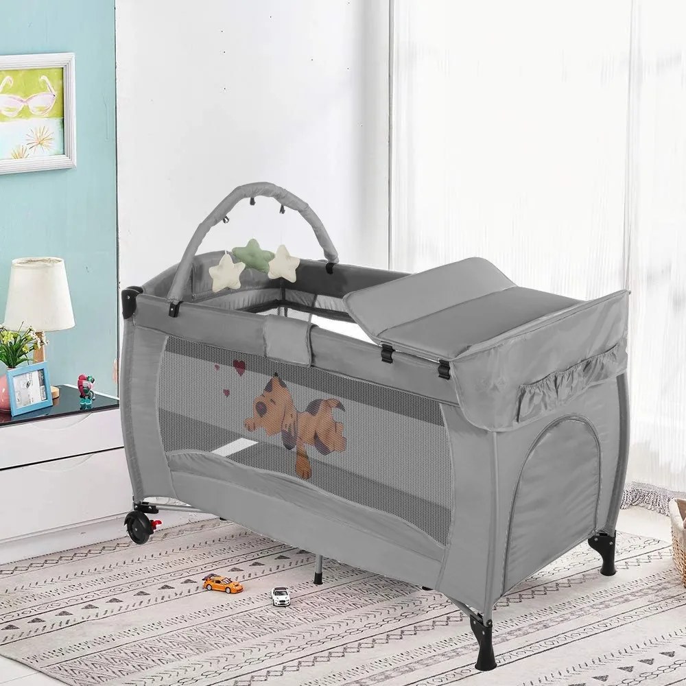 Patut de calatorie cu suport de schimbat scutece si arcada de jucarii, gri