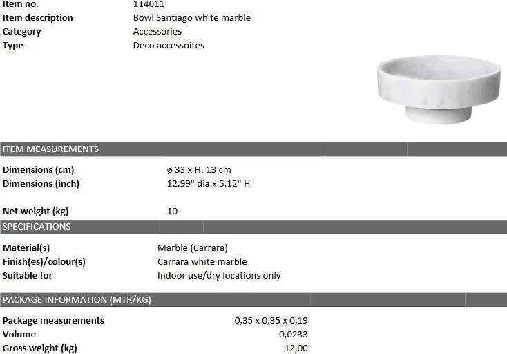 Bol/ Obiect decorativ din marmura Santiago alb 114611 HZ