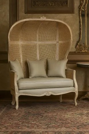 Canapea clasică, stil Louis XV–XVI, din lemn masiv și trestie naturală, 125x58x155 cm, "Aveline"