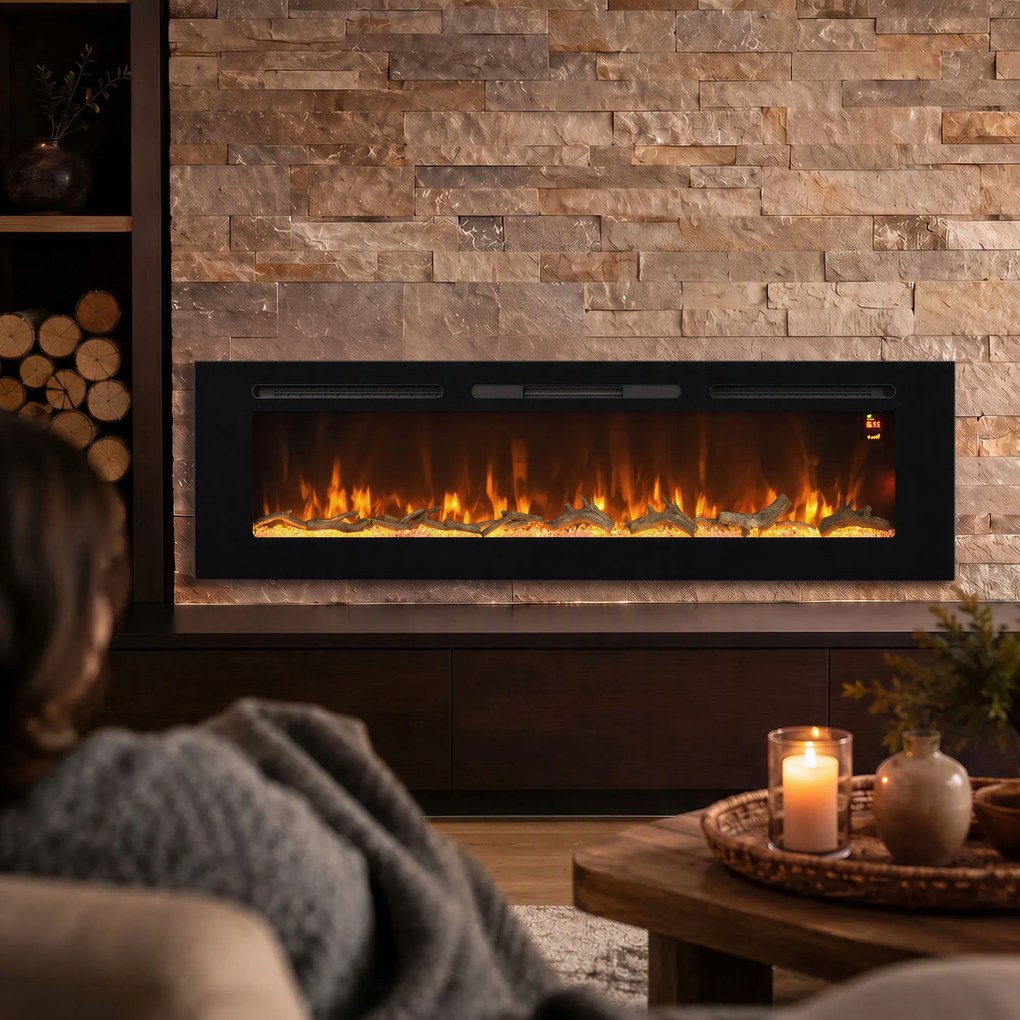 HOMCOM Șemineu electric de 170 cm, încastrabil sau de perete, 1500 W, timer 24 ore, flacără reglabilă, cristale | Aosom Romania