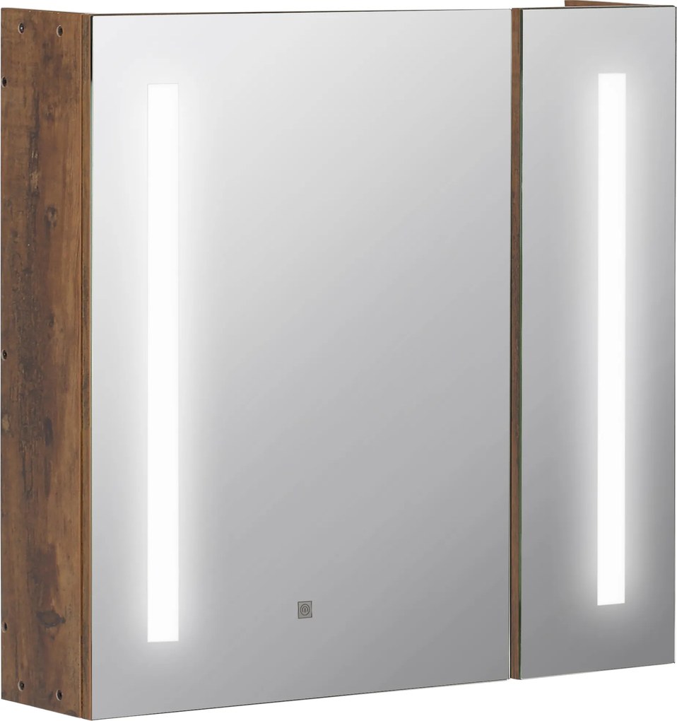 Kleankin Oglindă de Baie cu Lumini LED Reglabile, Dulap de Baie cu 2 Uși cu Oglindă și Raft Reglabil, 70x15x65 cm, Maro | Aosom Romania