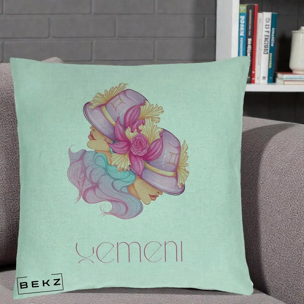 Perna Personalizata Zodie Gemeni, 40x40 cm, Verde Menta, Husa Detasabila, Perna Inclusa, BEKZ®